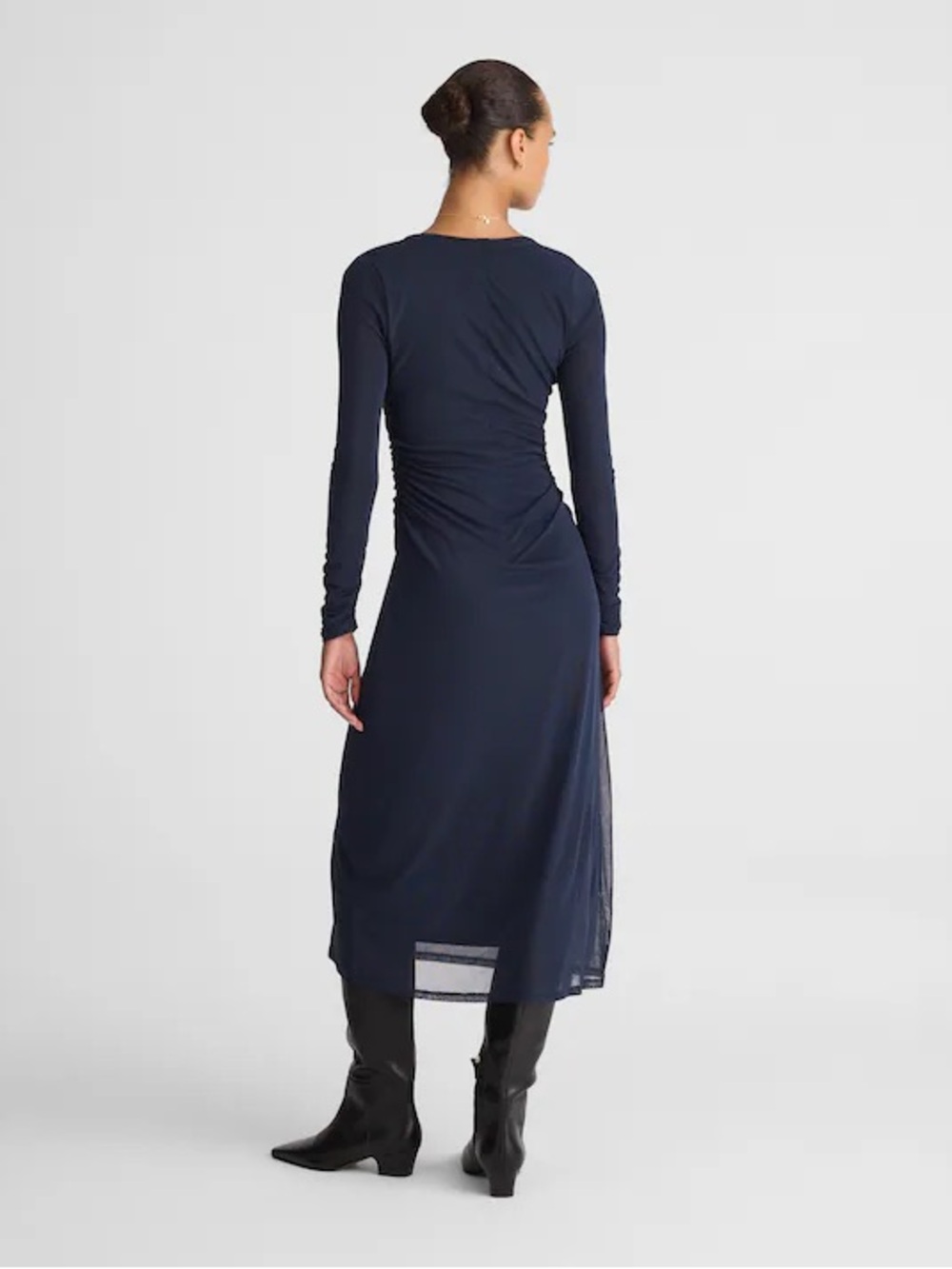 Madewell Navy Blue Long-Sleeve Ruched Midi Dress sheer mesh layers sz medium - Picture 3 of 12